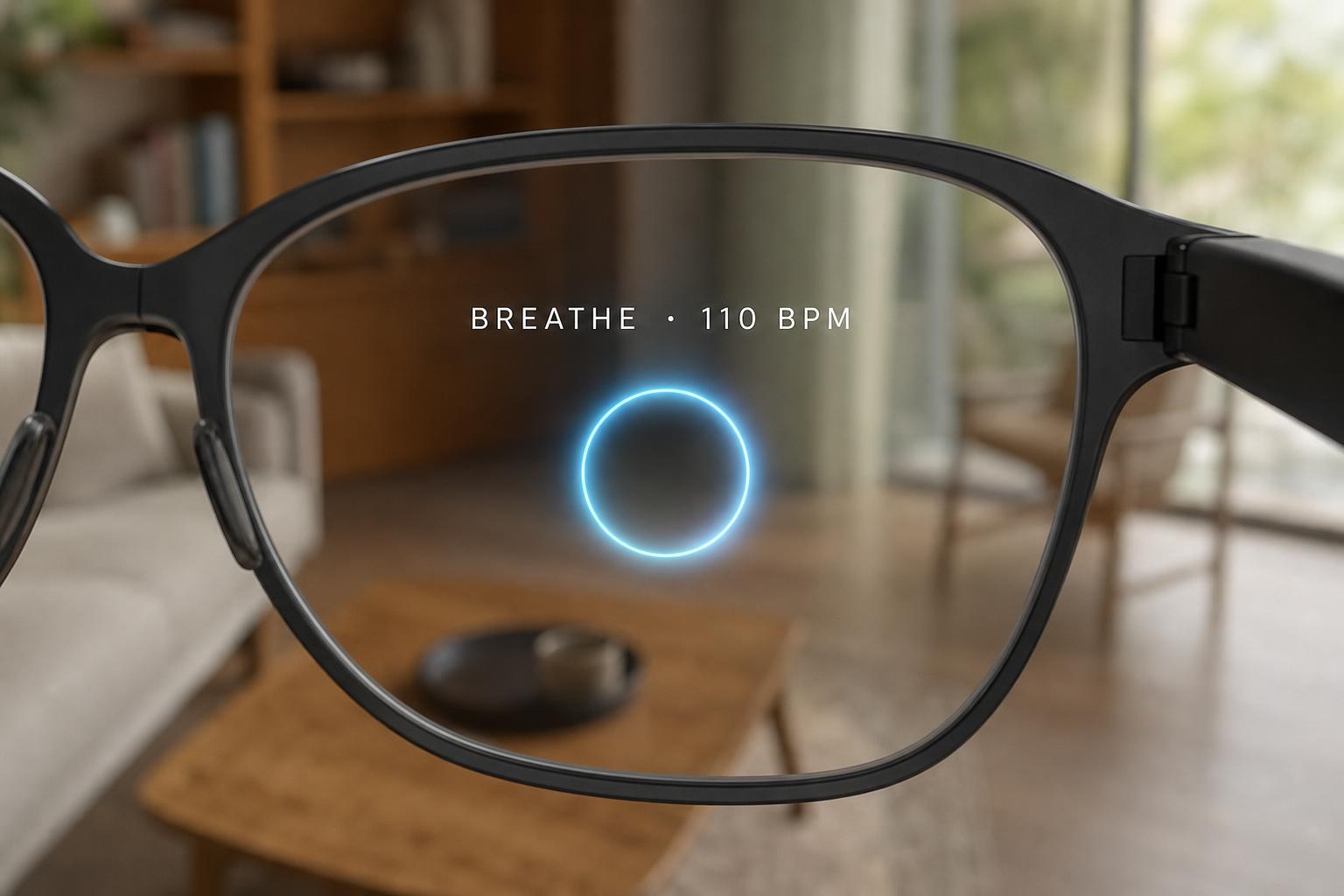 First-person view through Sixth Lab smart glasses showing a readiness reading and a breathing cue