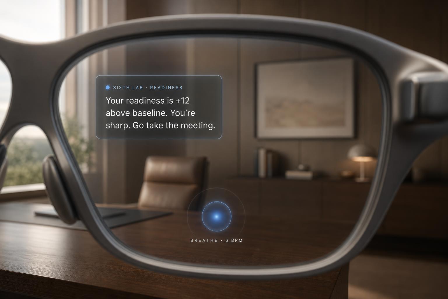 First-person view through Sixth Lab smart glasses showing a readiness reading and a breathing cue